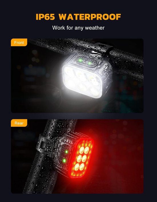 Bicycle Lights, Headlight, USB Rechargeable IP65 Waterproof, LED Bicycle Lights with Spotlight and Floodlight Bundle, 8+12 Modes, Super Bright, Front and Rear Lighting — afbeelding 2