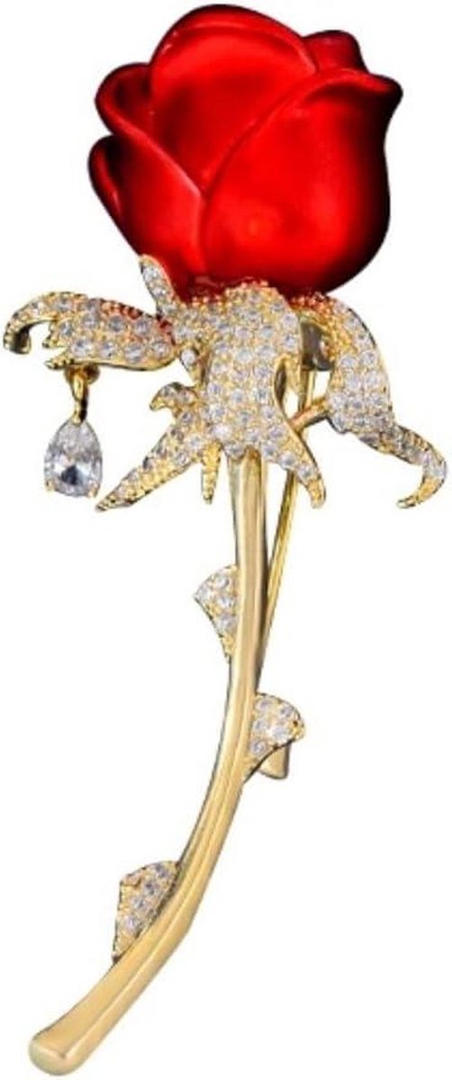 Bloem Broche - Accessoire Dames - Feestelijke Versiering - Hand Ingelegd Kristal - 2.9 x 5.9 cm - Rood