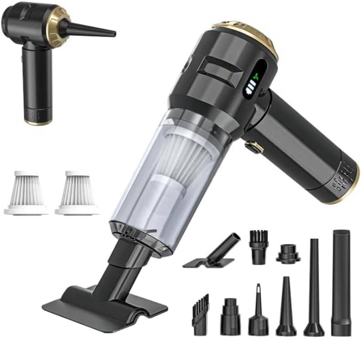 Draadloze Handstofzuiger – 23000Pa Krachtige Mini Kruimelzuiger voor Auto & Huis – Oplaadbaar, Lichtgewicht – Voor Dierenhaar, Tapijt & Trappen (Zwart/Goud