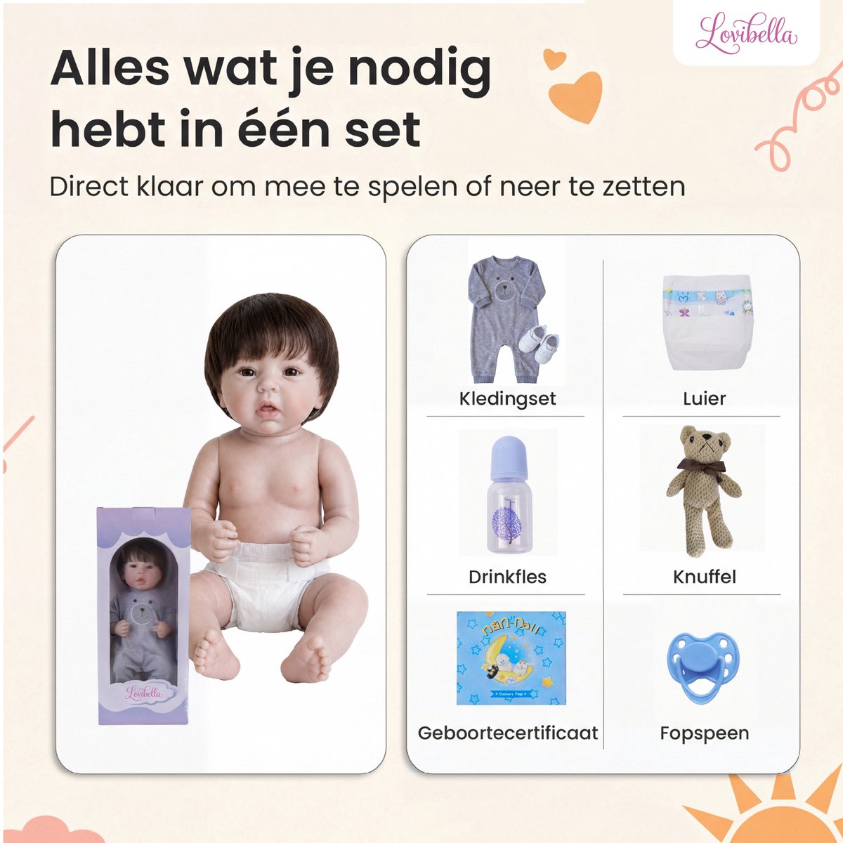 Lovibella® Milo Levensechte Babypoppen - 1,1 Kilo - 45 CM - Reborn Baby Pop - Met Accessoires - Reborn Baby - Reborn Baby Doll - Dementie Pop - Reborn Poppen Jonge — afbeelding 5