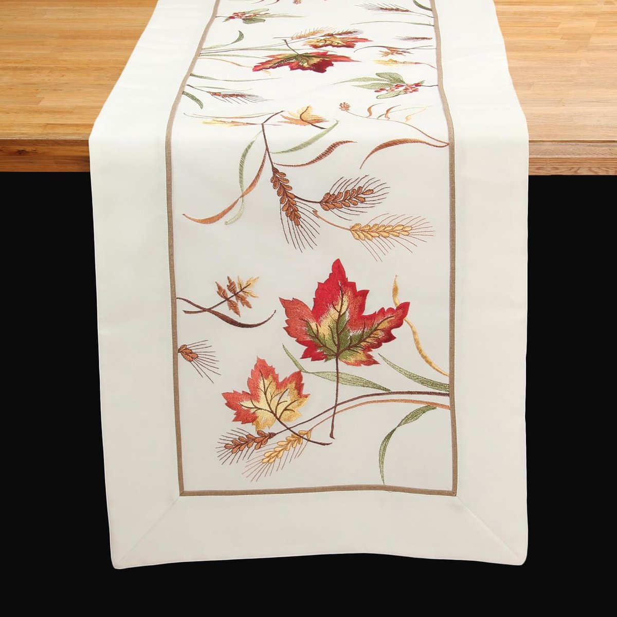 Tafelkleed - Lange runner - Eettafel decoratie - Herfstbladeren borduurwerk - 45x110 cm - Wit