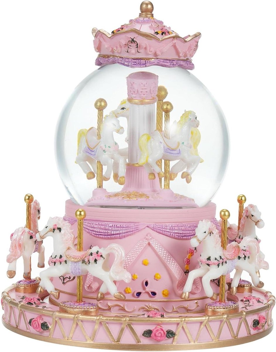 Muziekdoos Carrousel - Draaiende Doos - Decoratief Cadeau - Kristallen Bol - 15x19 cm - Roze