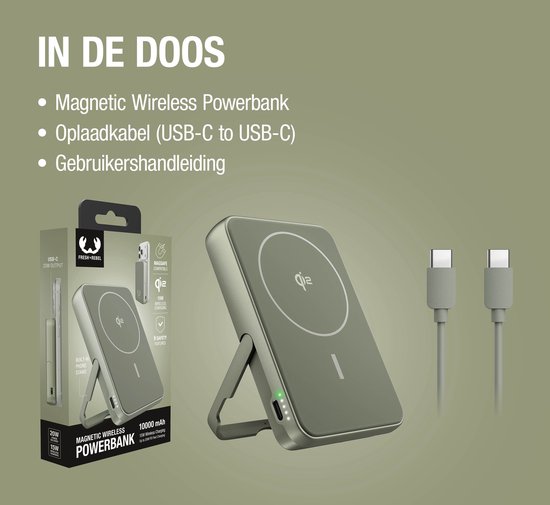 Een groene magnetische powerbank met standaard staat naast een USB-C naar USB-C oplaadkabel. De verpakking van de powerbank is zichtbaar.