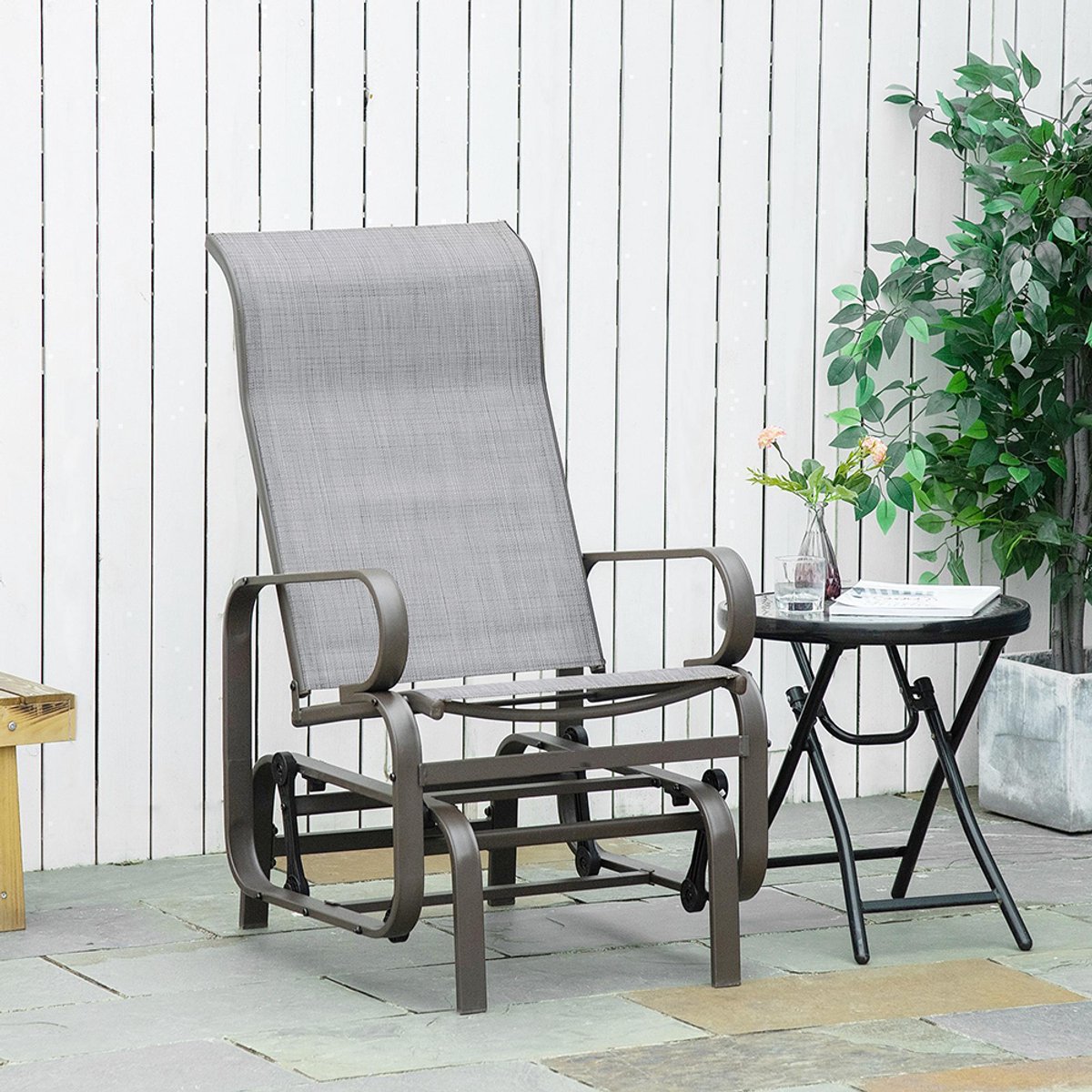 Pugsdrly Schommelstoel tuin tuinstoel relaxstoel tuinschommel tuin metalen schommelstoel voor tuin, terras, balkon, Texteline grijs+bruin, 60 x 78 x 105 cm
