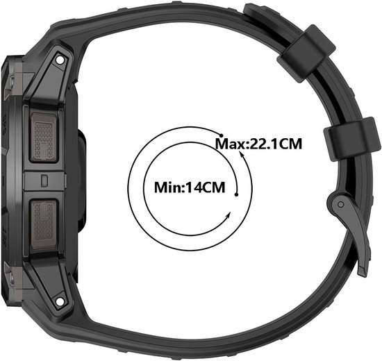 Zwarte smartwatch met zwarte siliconen band. Geeft de minimale en maximale polsomtrek aan.