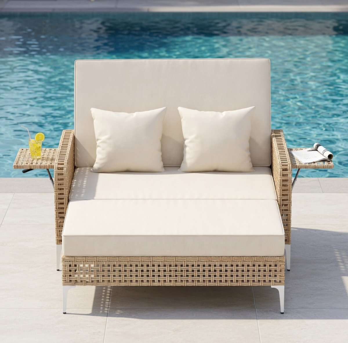 Luxe 2-Zits Poly Rattan Ligbed met Verstelbare Rugleuning en Opberghocker – Tuinbank met Kussen, Balkon & Tuin Loungeset – MedaHomeStore