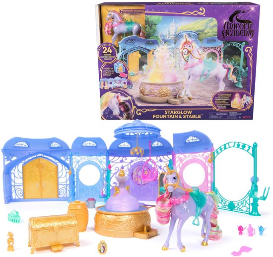 Unicorn Academy, fontaine Starglow et écurie avec Wildstar, lumières et sons, 24 accessoires, poupées et jouets licornes