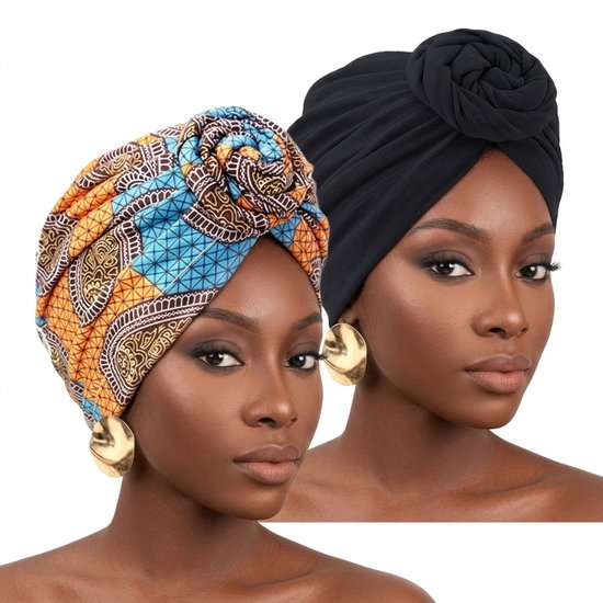 Ensemble de 2 pièces Oranje foulard fleuri pour femmes hijab – turban en tissu africain avec détail de bouton – foulard uni et imprimé