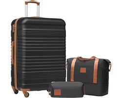 COOLIFE Suitcase set, trolley, suitcase, ABS, hard shell, travel case, 4 wheels, TSA lock, retractable trolley, the suitcase includes 1 travel bag and 1 toiletry bag, black/brown, Hard trolley case