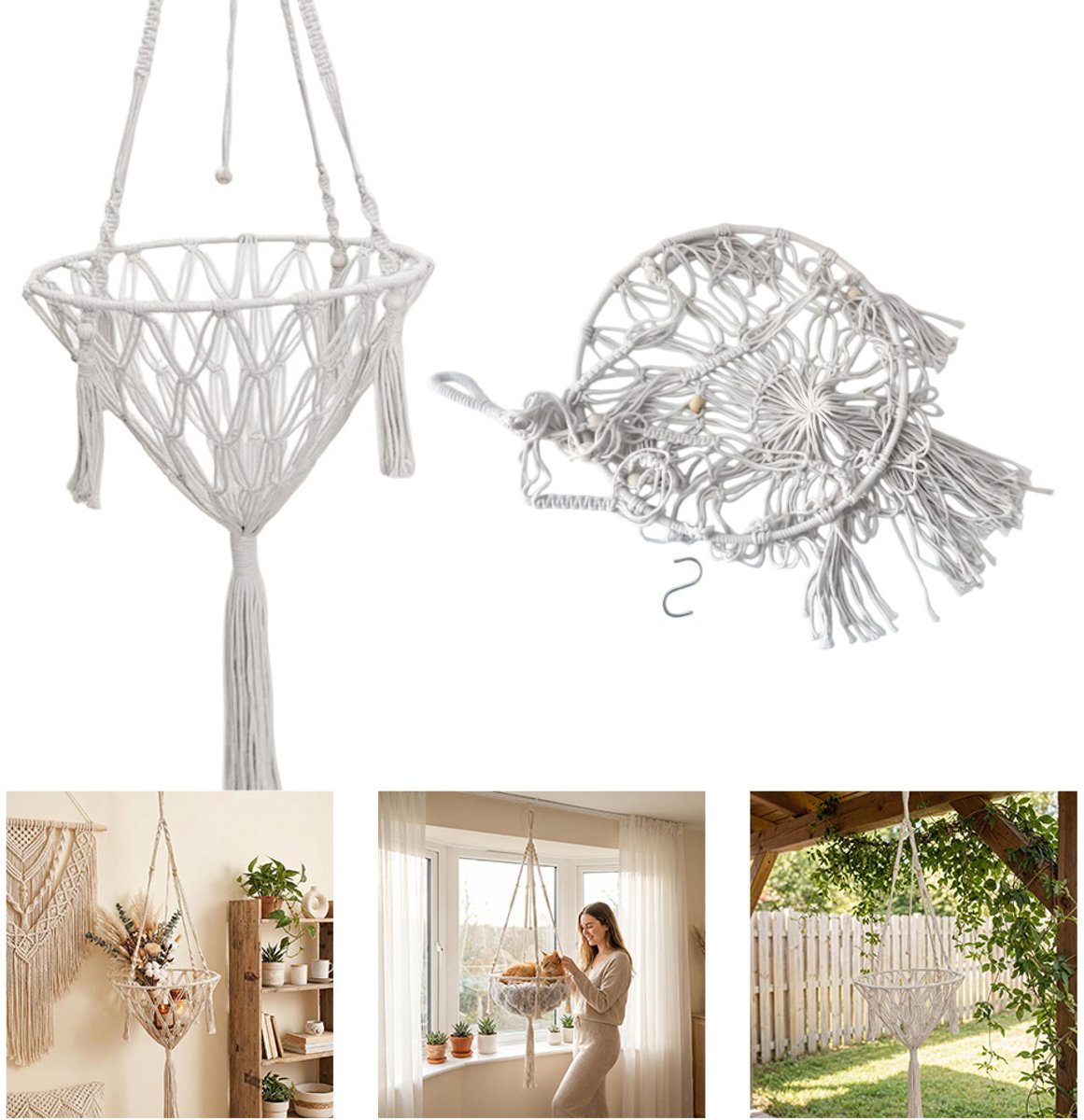 Kattenhangmat - Opknoping Macramé Kat Hangmat - Ophangend Raam Hangmat Bed - Handgeweven Kat Mand - Kat Bed Swing Bed - Thuis Katten voor Binnen Raam - Wit - 40cm