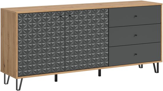 Dressoir met houten blad, donkergrijs front met 3D-patroon en drie donkergrijze lades.