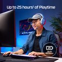 Man met blauwe HyperX headset en pet, spelend op een computer. Tot 25 uur speeltijd.