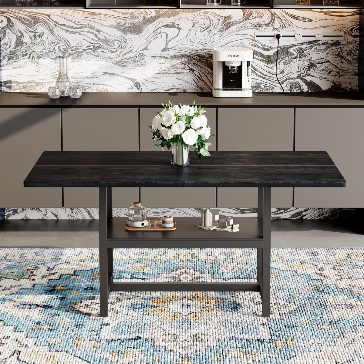 Wishdor Rechthoekige Eettafel Voor 4-6 Personen Met Opbergplank - Industrieel Ontwerp Voor Keuken En Eethoek - MDF En Metaal - Zwart Met Houtnerf - Lengte 160 Cm - Extra Opbergruimte Tussen De Poten