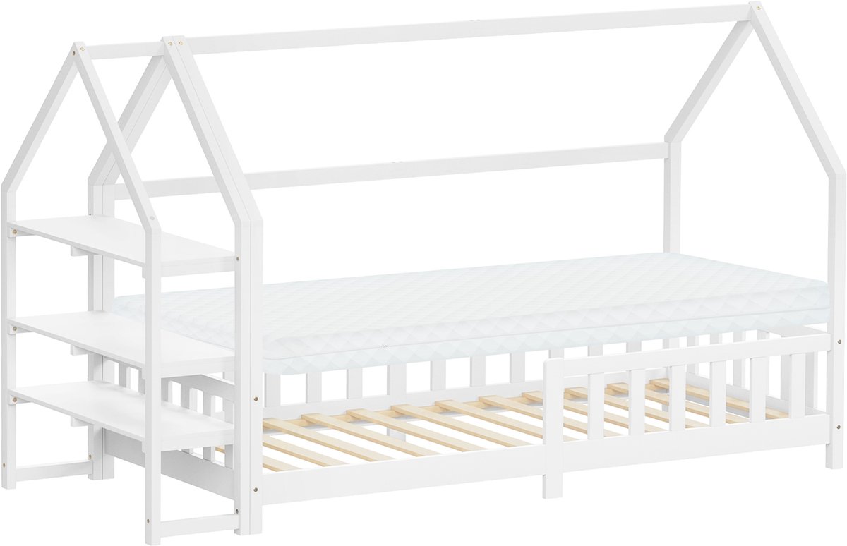 ml-design montessori kinderbed 90x200 cm met matras H:10 cm valbeveiliging en plank wit massief grenenhout huisbed voor meisjes en jongens met lattenbodem decoratieve kap houten eenpersoonsbed jeugdbed speelbed vloerbed bedhuis kinderbed met dak