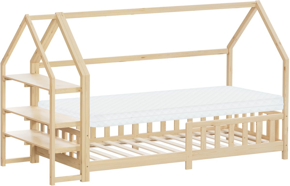 ml-design montessori kinderbed 90x200 cm met matras H:10 cm valbeveiliging en plank natuur massief grenenhout huisbed voor meisjes en jongens met lattenbodem decoratieve kap houten eenpersoonsbed jeugdbed speelbed vloerbed bedhuis kinderbed met dak
