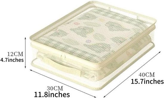 Lichtbeige opbergdoos met transparant deksel met rasterpatroon, handvatten en afmetingen: 40x30x12 cm.