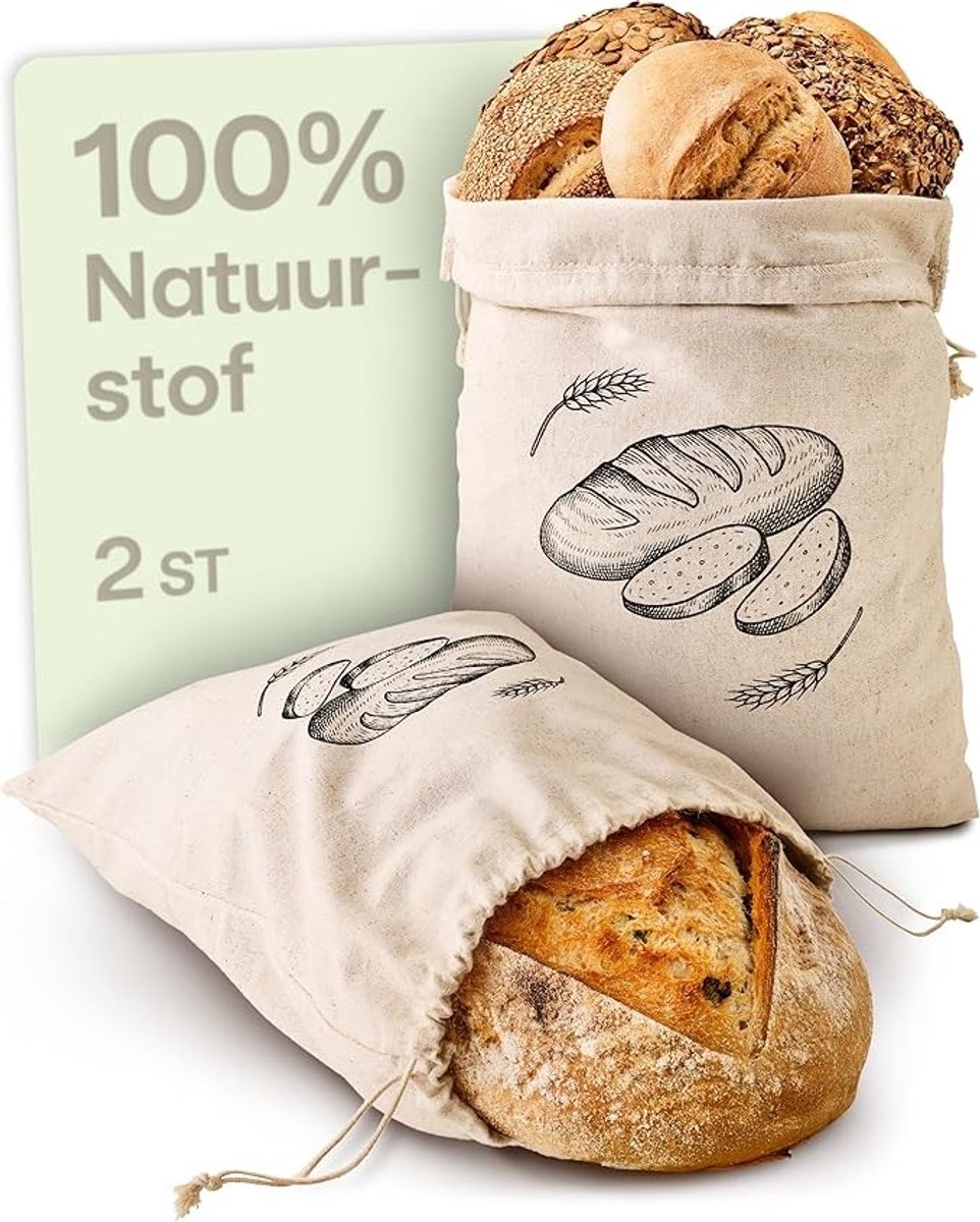 Set van 2 Linnen Broodzakken - Herbruikbare Zakken voor Vers Brood - Trekkoord Sluiting