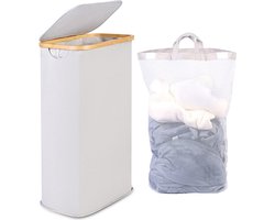 Smalle Wasmand 63L, Smalle Wasmand met Deksel, Lichtgrijze Linnenmand Opvouwbaar met Bamboe Handgrepen en Verwijderbare Zak voor Slaapkamer, Badkamer, Wasruimte