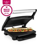 Zwarte contactgrill open met een belegd broodje, met "Beste Koop sep 2023" zegel.