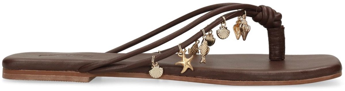 Sacha - Dames - Bruine leren slippers met goudkleurige charms - Maat 42