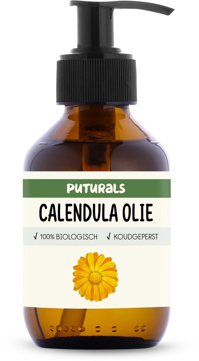 Puturals Calendula Olie 100% Biologisch - 150ml - Puur en Koudgeperst - Calendula Olie als Huidolie, Baby Olie of Massage Olie - Rijk aan Antioxidanten en Vitamines - Geinfused in Amandelolie - Bruine Glazen Fles + Pomp