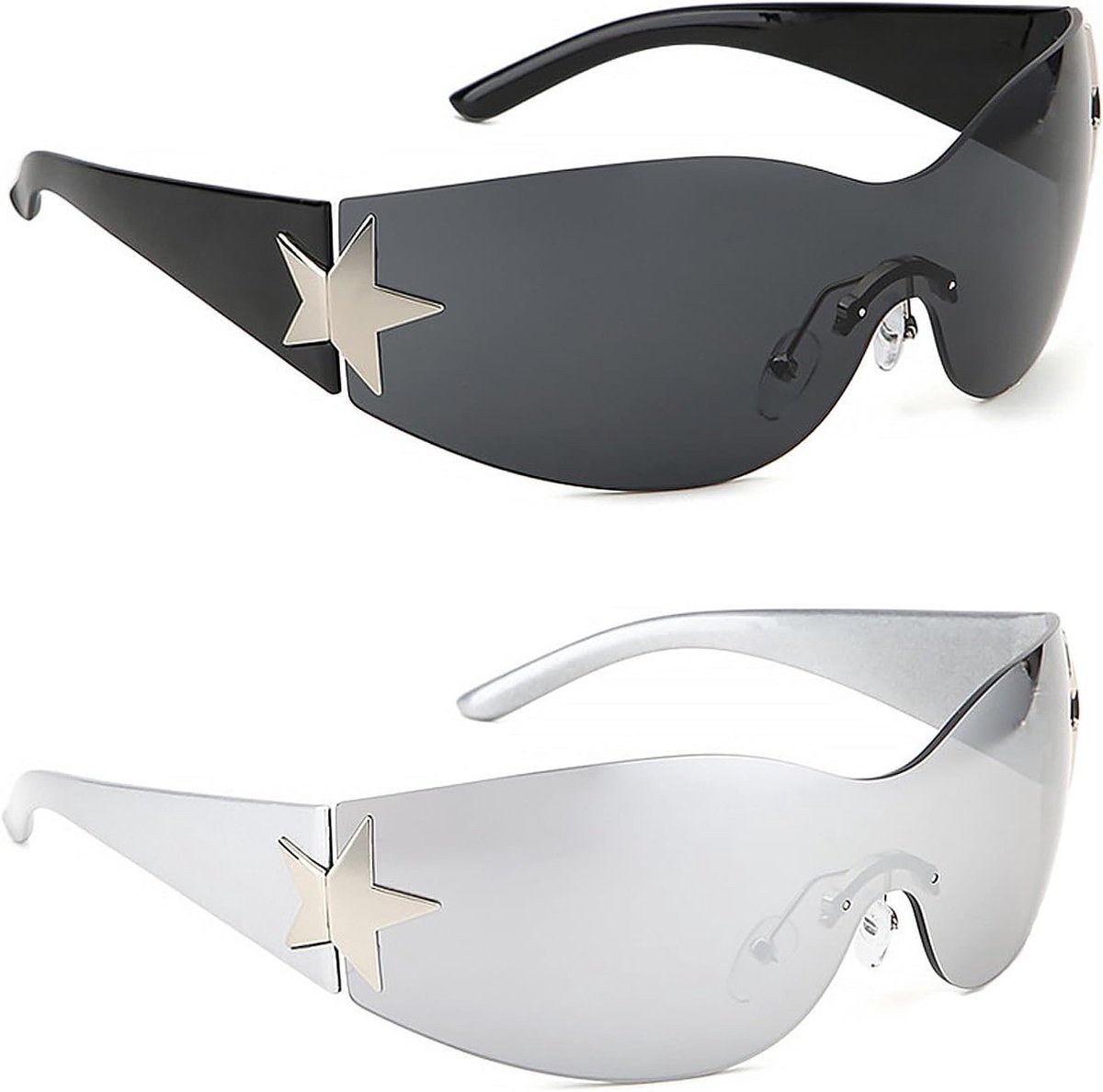 Wraparound Zonnebril voor Meisjes - Rimless Rechthoekige Zonnebril voor Buitenactiviteiten, Zomer Mode en Dagelijks Gebruik - 2 Stuks, Zwart en Zilver