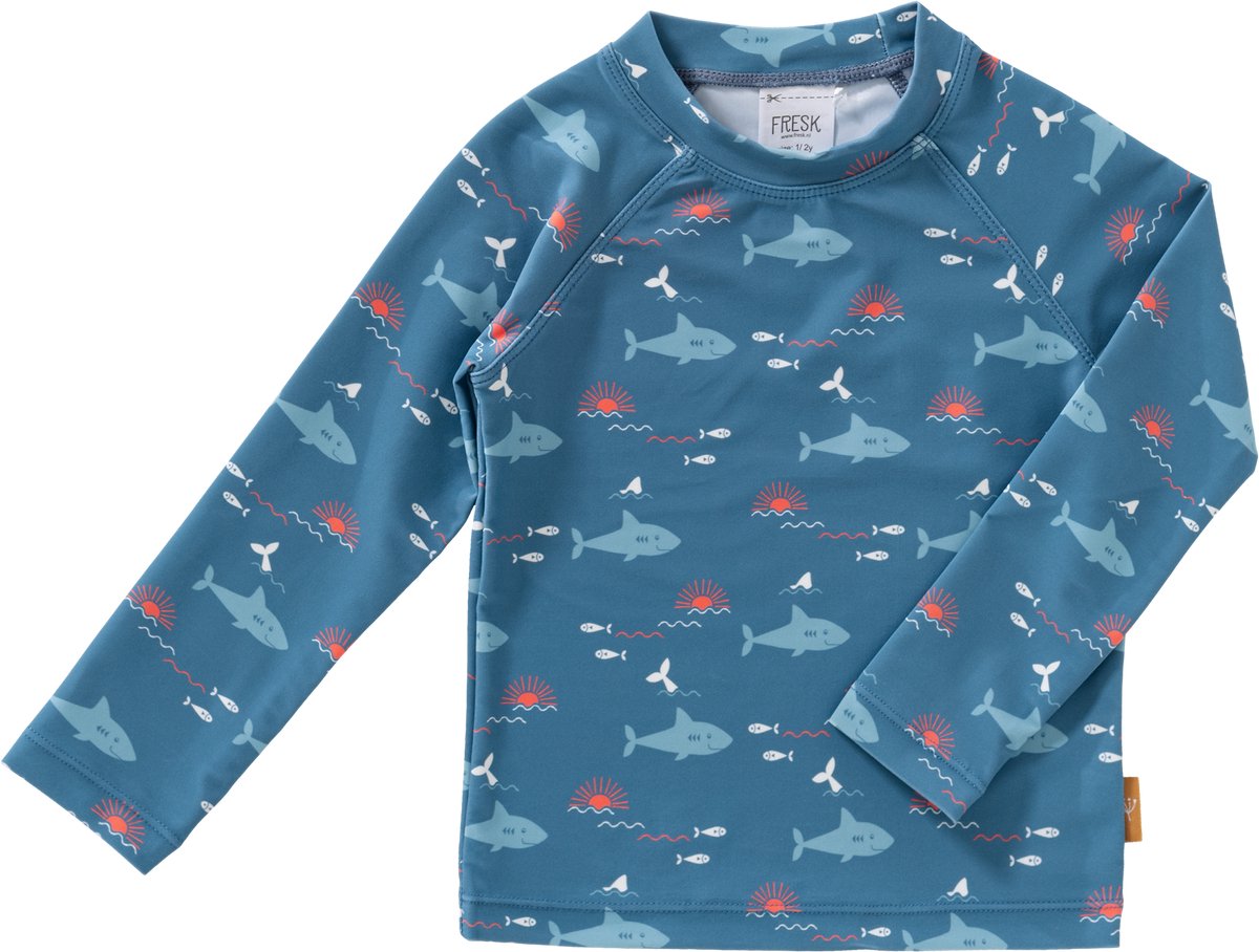 Fresk Zwemshirt 122 - Sneldrogende Zwemkleding voor Kinderen - UPF 50 - Zwemshirt voor Jongens - Zwempak met Lange Mouwen - Blauw - Shark