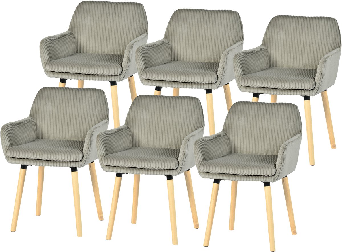 Meubles Cosy ELIA Eetkamerstoel - Set Van 6 - Lichtgrijs - Fluweel Ribstof -- Houten Poten - Scandinavisch Design