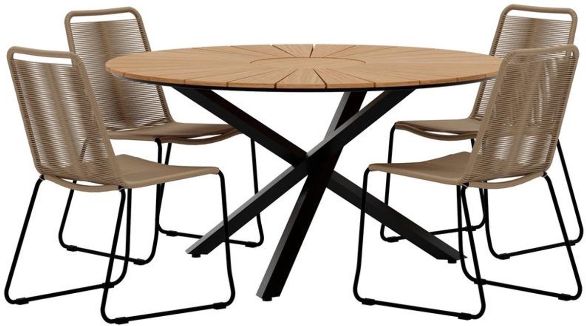 Svea - Kathrine ronde tuintafel - zwart + 4x Thelma eetkamerstoelen - bruin
