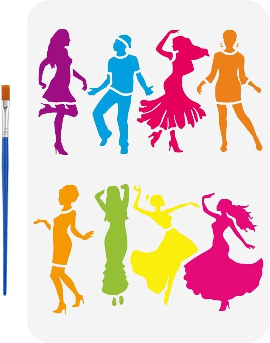 Dancing Lady Sjabloon met Kwast 29.7x21cm Herbruikbaar Dancer Silhouet Sjabloon voor Muur, Vloer en Meubels - 8 Menselijke Teken Templates voor Creatieve Decoratie