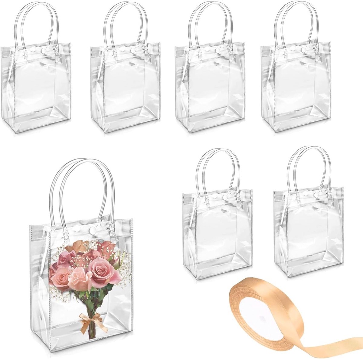 Set van 6 Transparante Cadeautassen met Handvatten, 25 x 20 x 7 cm, Herbruikbare Tassen voor Feesten, Bruiloften en Winkelgebruik