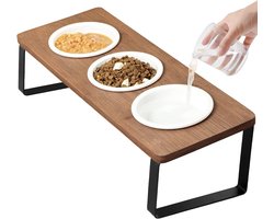 Verhoogde kattenvoederstation met keramische voerbakken en houten trays - Ergonomische set van 3 kattenvoeders van 11 cm voor een comfortabele eetervaring