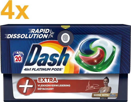Dash 4in1 PODS - +Extra Vlekkenverwijderaar - Wasmiddelcapsules - Voordeelverpakking 4 x 20 Wasbeurten