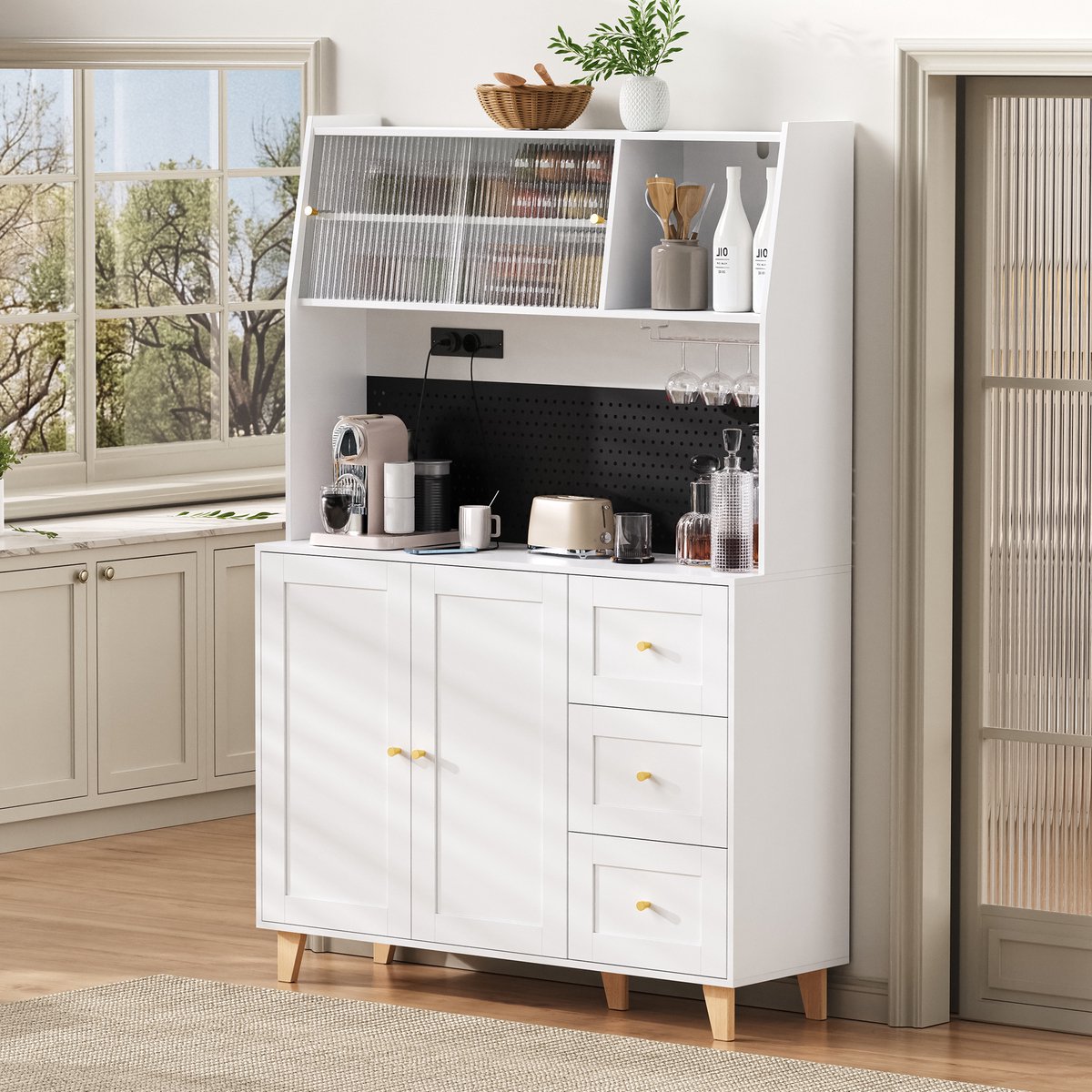 MIVRAY Buffetkast - Met Stopcontacten, Lades En Glashouders - Voor Keuken En Eetkamer - MDF - 120x40x184 Cm - Wit