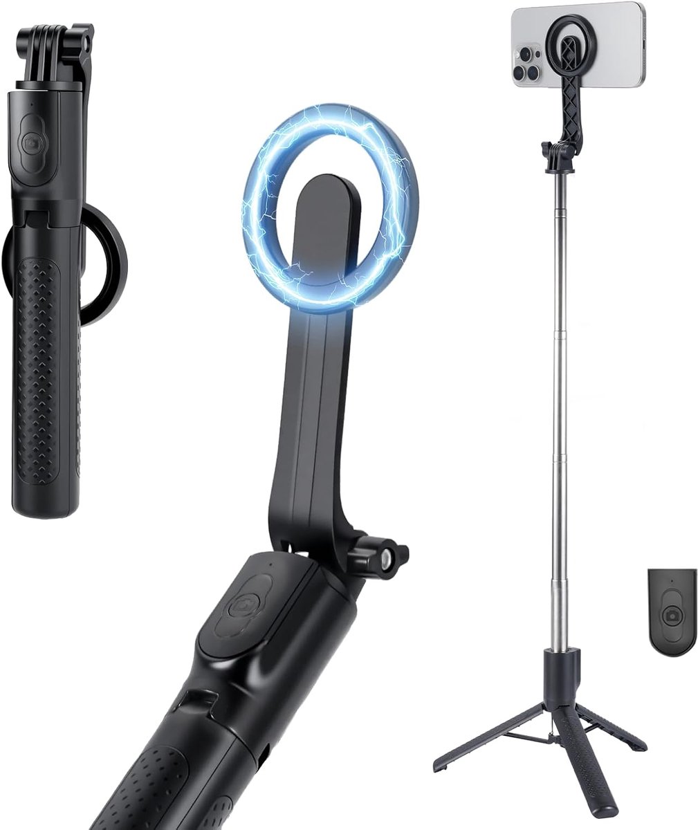 Magnetische selfiestick, minismartphone-statief met afstandsbediening en twee magnetische ringen, Geschikt voor iPhone en Android, telefoonstok voor selfies, vlogs en video-opnames