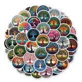Multikleur stickers set beide 50 stuks levensboom illustraties rond design spiritueel patroon decoratieve stickers set waterbestendig mat