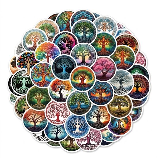 Multikleur stickers set beide 50 stuks levensboom illustraties rond design spiritueel patroon decoratieve stickers set waterbestendig mat
