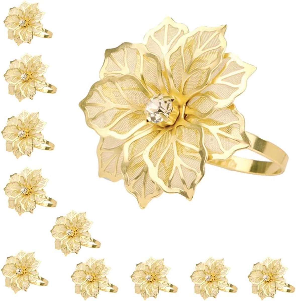 Servetringen Set - Decoratieve Ringen - Tafel Decoratie - Bloem Design - 12 Stuks - Goud