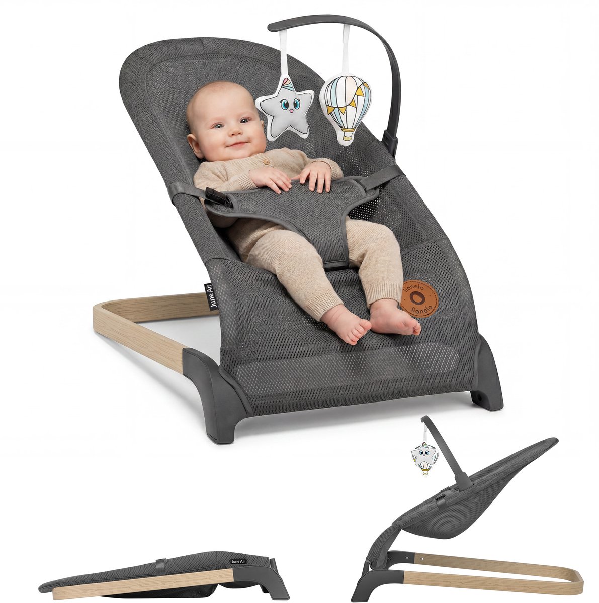 Lionelo June Wipstoel Baby – tot 9 kg – 3-punts veiligheidsgordels – Lichtgewicht – Mesh Bekleding – Plat Opvouwbaar – Natuurlijke Schommelbeweging – Gecertificeerd – Babyschommel & Wipstoeltje