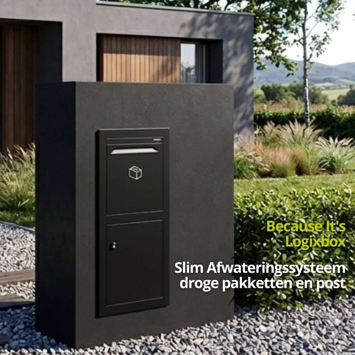 LOGIXBOX - Inbouw Pakketbrievenbus - Frontbox Inbouw incl. 1 Afwerkingsframe - Zwart - 1.0 mm dik staal - 3puntsluiting - XL Pakketten (40 x 35 x 32,5 cm)
