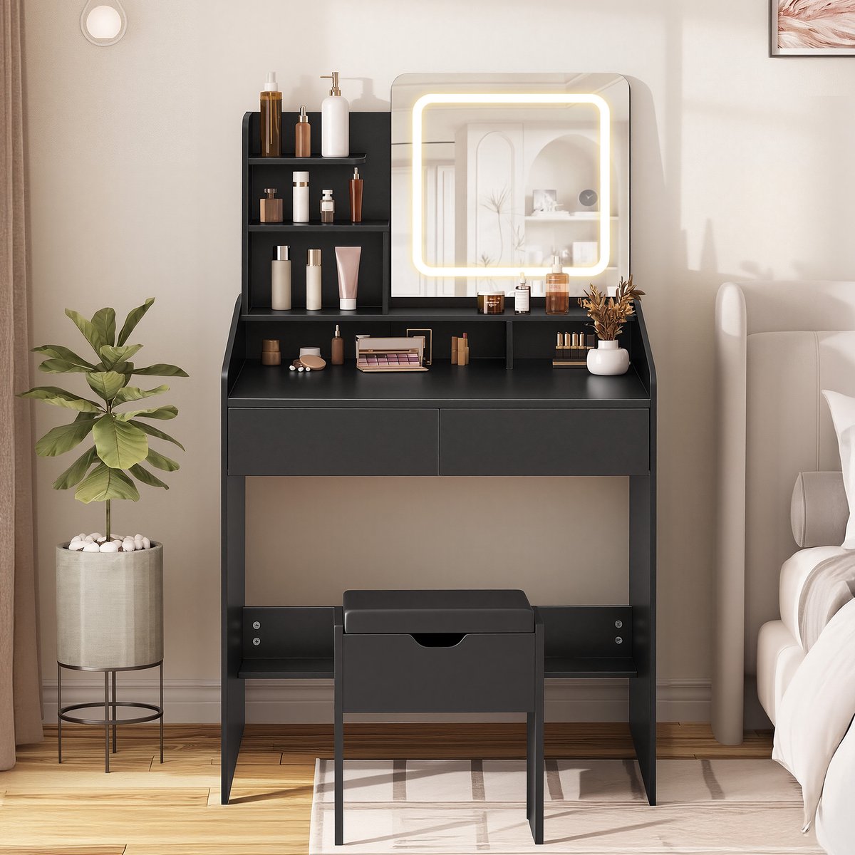 MAZAZU - Kaptafel met LED Spiegel - Dimbaar Licht - Make-up Tafel - Modern Design - Zwart - 132 x 80 x 40 cm