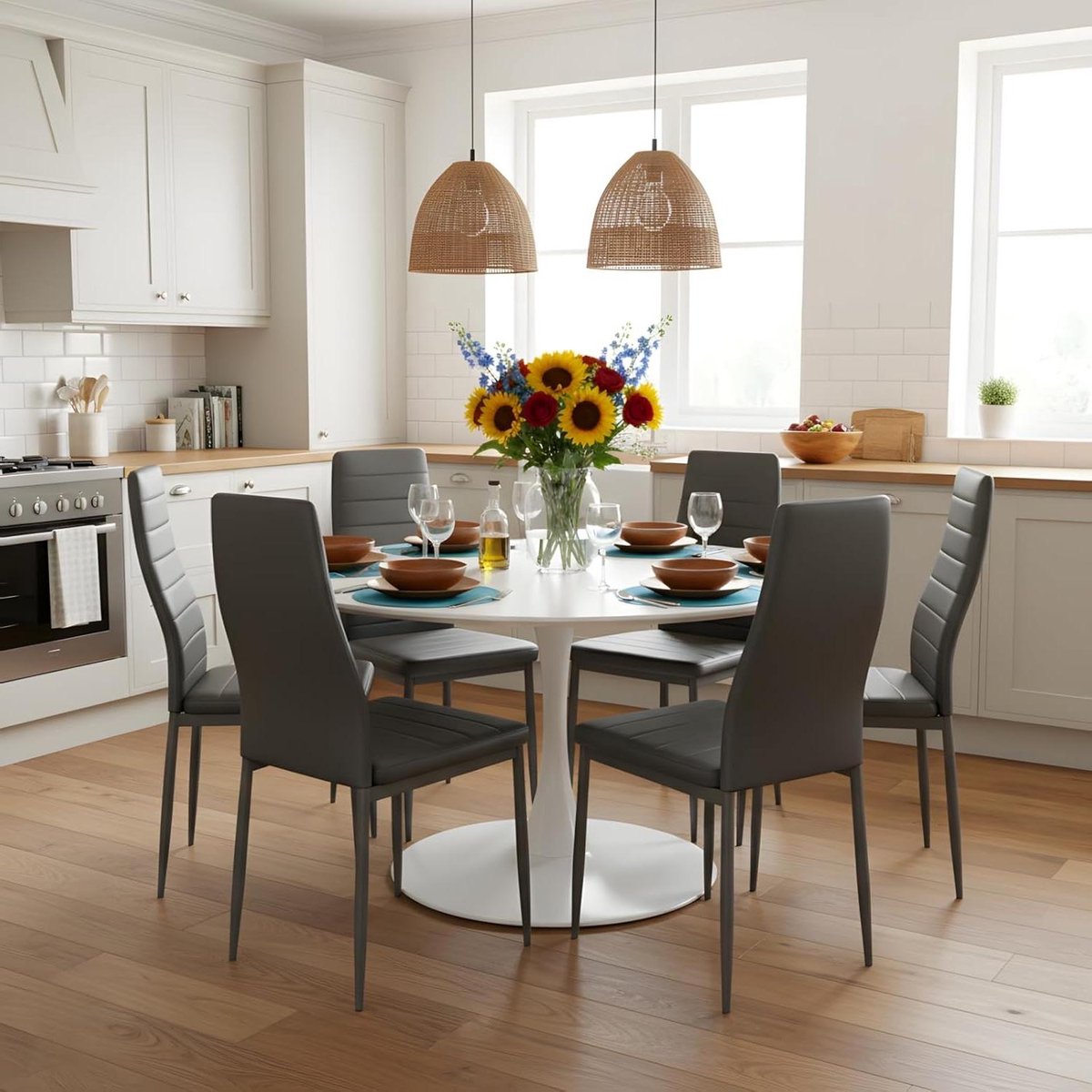 Eettafel met stoelen - Keukenset 7-delig - Gezellig dineren - Ronde witte tafel - 110 cm diameter - Wit grijs