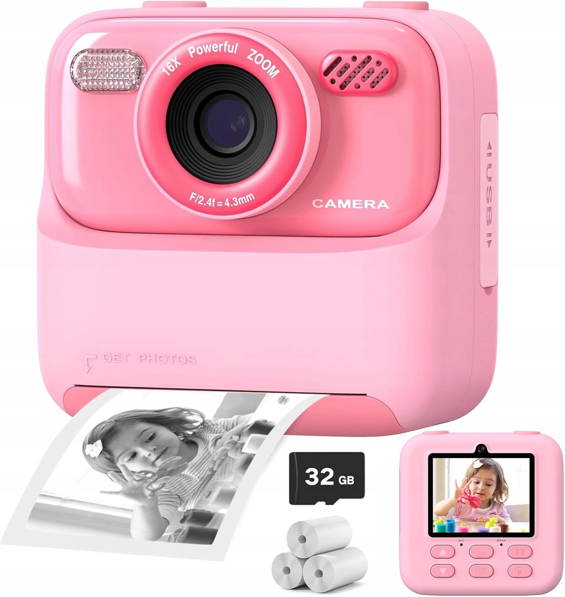 Kids Print Camera - Multifunctionele digitale camera - Roze - Direct printen - 32 GB geheugen - Groot 2,4 inch scherm - 1080P - Perfect cadeau