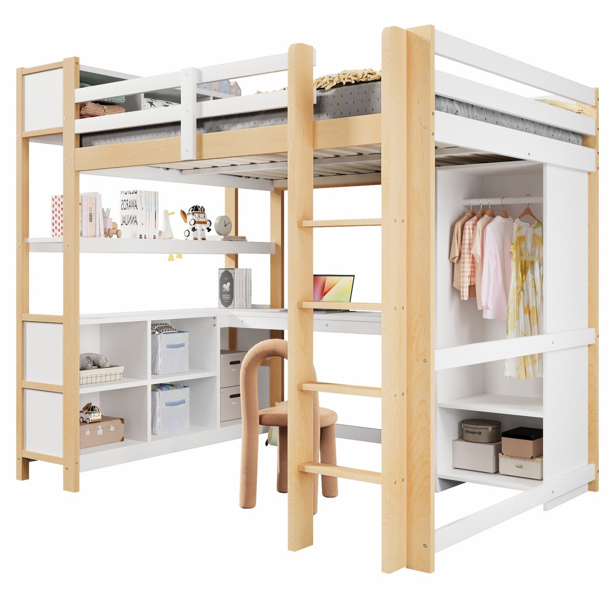 Merax Hoogslaper 140x200 cm - Bed met Opbergruimte - met Bureau en Kast - Stapelbed voor Kinderen - Hout - Wit en Houtkleur