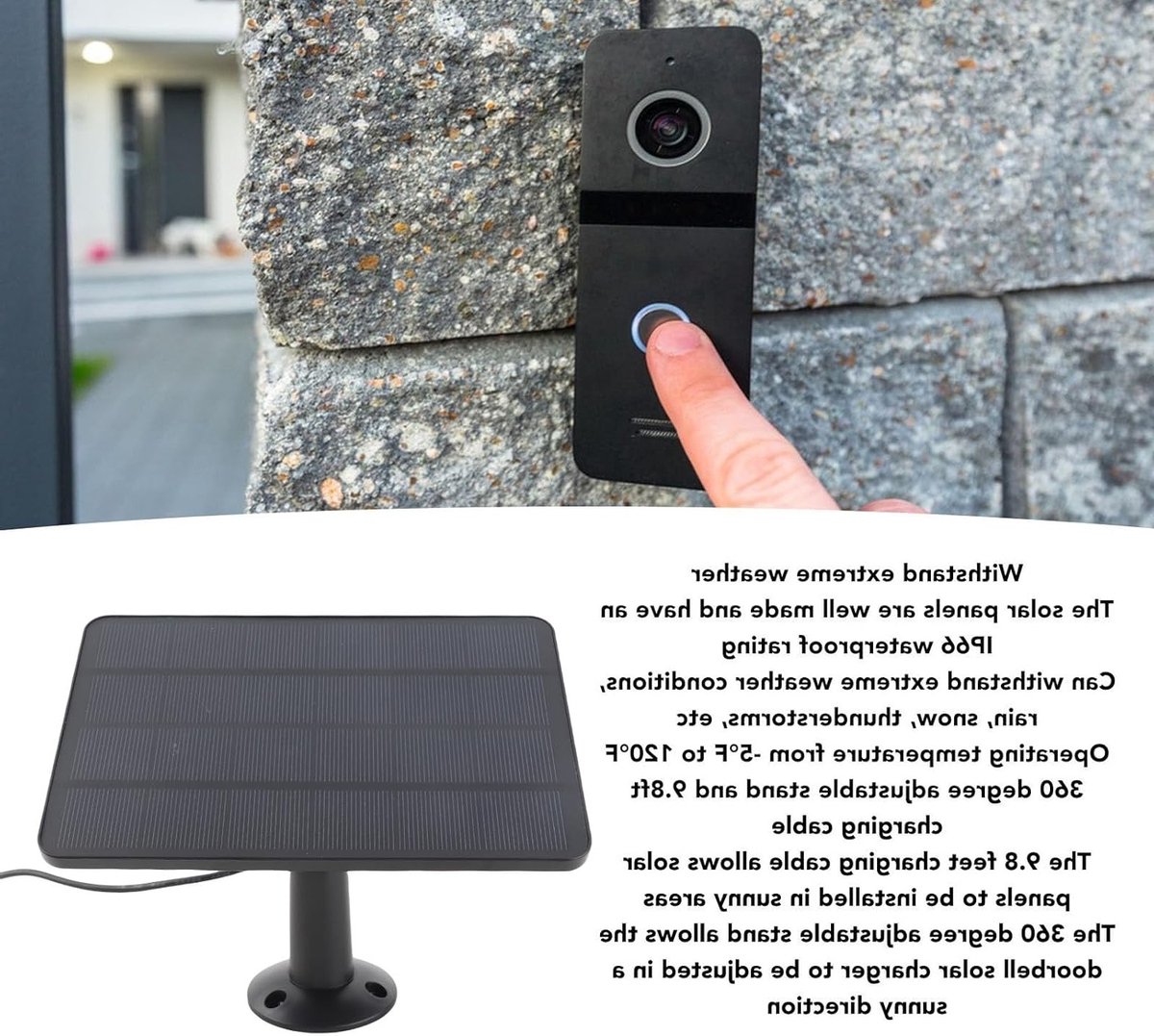 Krachtige 10W Zonnepaneel Oplader voor Videodeurbellen met 360° Verstelbare Beugel, IP66 Waterdicht en Geschikt voor Diverse Modellen