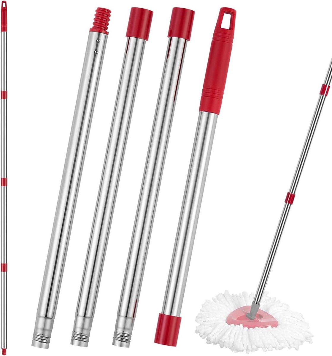 Vervangend Mop Handvat - Mop Steel - Schoonmaken Huis - Verstelbare Lengte - Tot 152 cm - Rood