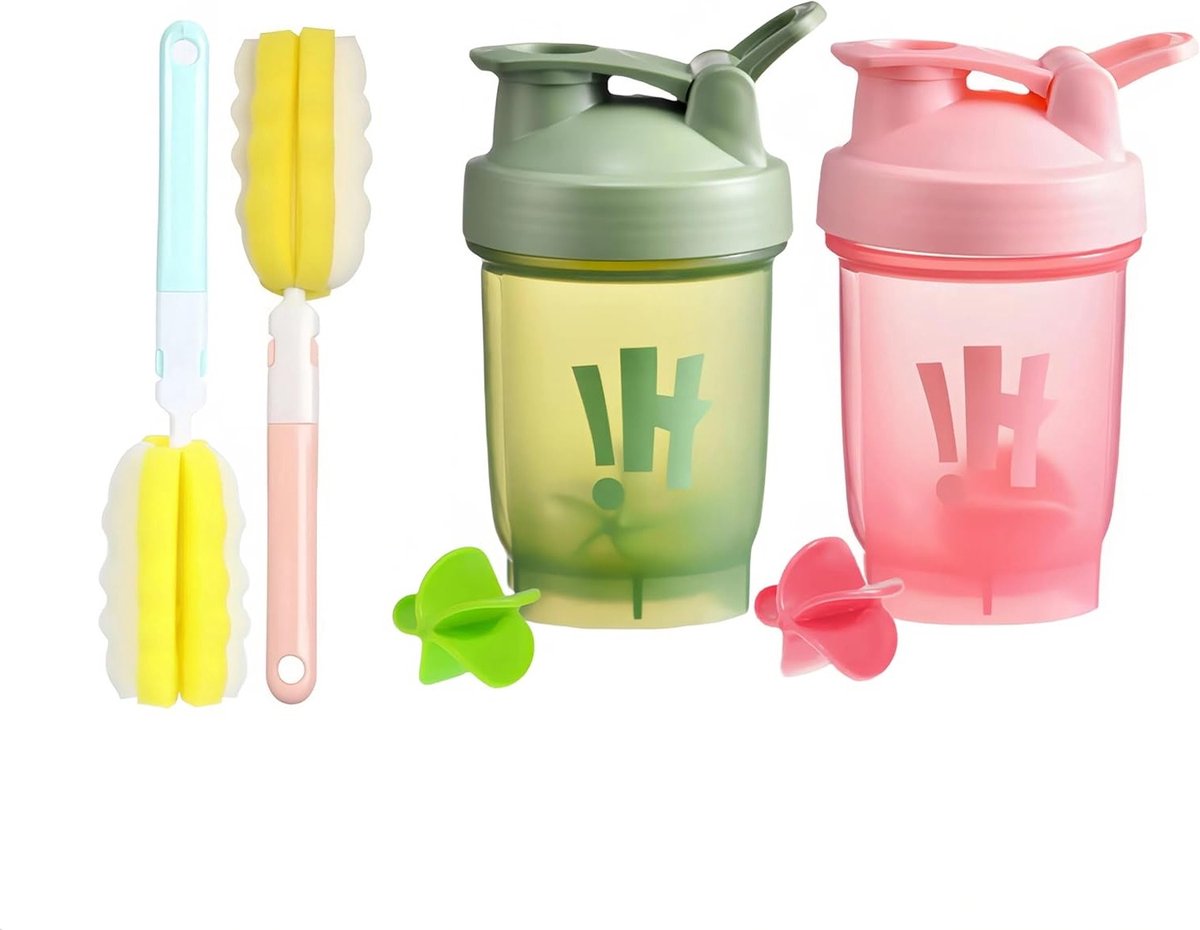 Fitness Shaker Set van 2 - Lekvrije Proteïne Shaker Fles met Mixbal en 2 Sponsborstels - Ideaal voor Sport en Gym, 350 ml