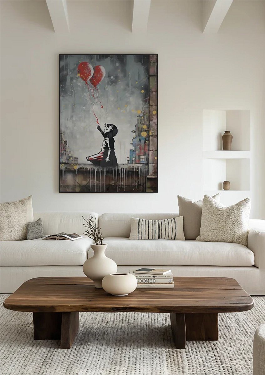 Yourwallarts.com - Wandpaneel - Canvas - Kind met Twee Rode Hartballonnen Banksy Stijl Schilderij