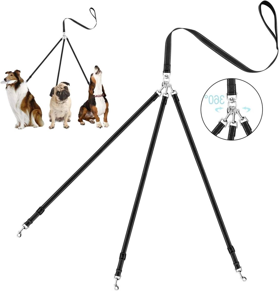 Hondenkoppeling Riem - Drieweg Splitter - Meerdere Honden Lopen - Wirwar Vrije Ontwerp - 94 cm Lengte - Zwart