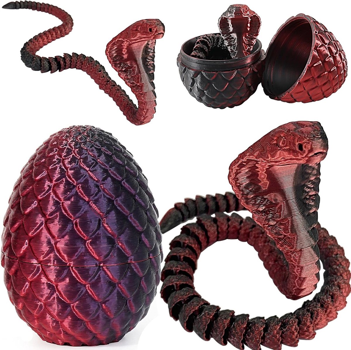 3D Geprinte Slang Speelgoed voor Pasen - Draak Eieren, Cobra en Dieren Speelgoed voor Kinderen, Decoratie voor Thuis en Bureau (Zwart Rood)